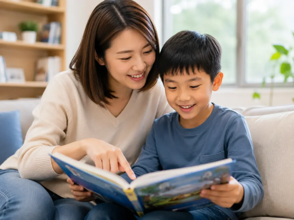 家長陪伴孩子閱讀英文故事