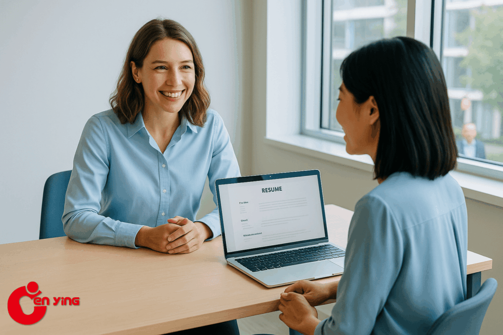 CELTA tutor providing career and interview coaching to a graduate at CenYing Teacher Training Centre.