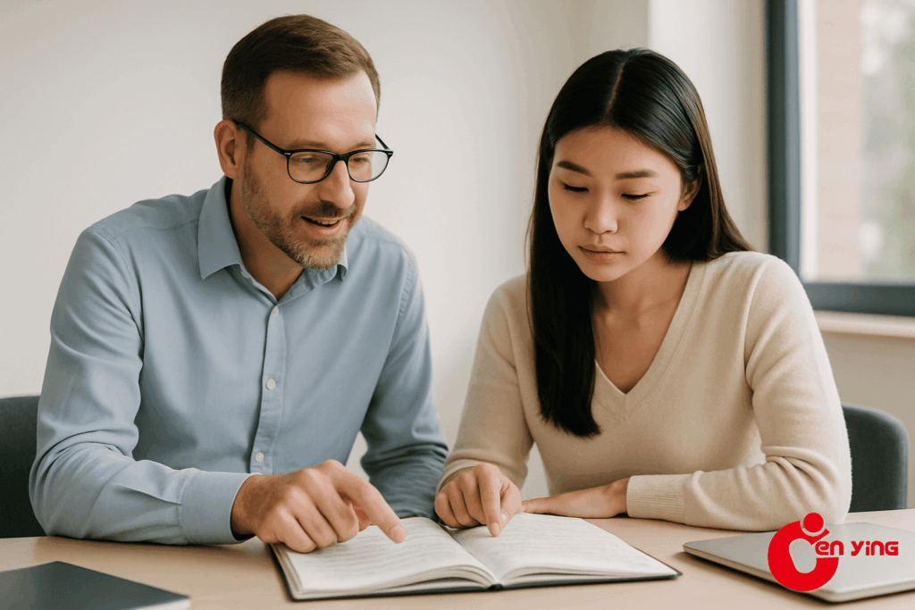 CELTA tutor providing feedback to a trainee after teaching practice.