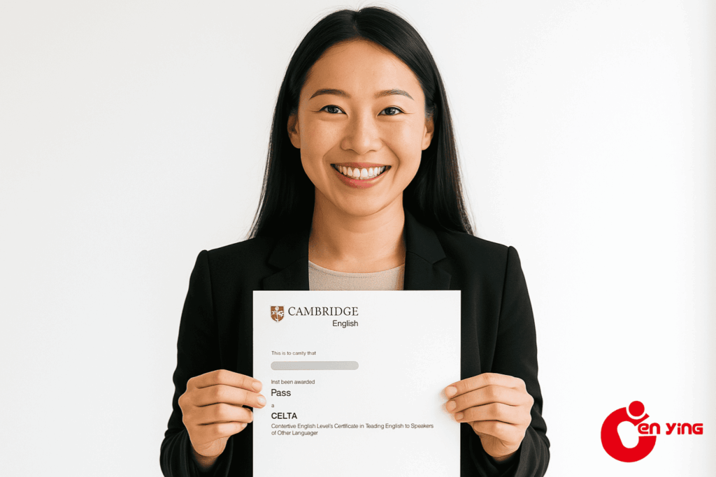 CELTA graduate smiling and holding their Cambridge certificate.