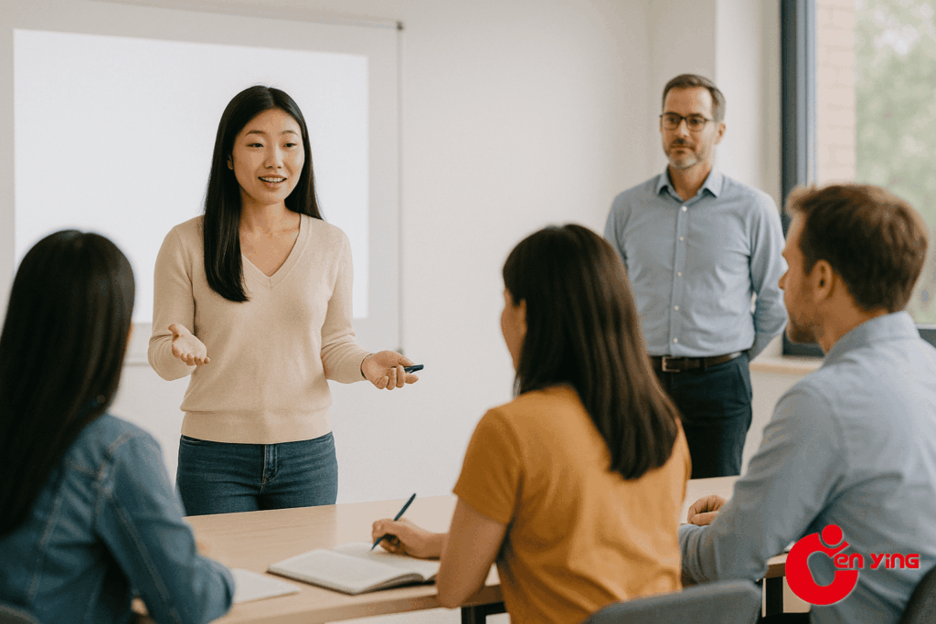 CELTA trainee leading a lesson during teaching practice.