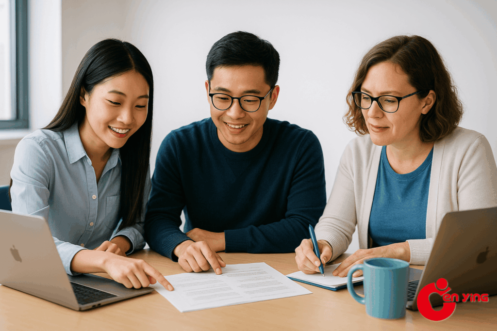 CELTA trainees collaborating on lesson planning tasks.