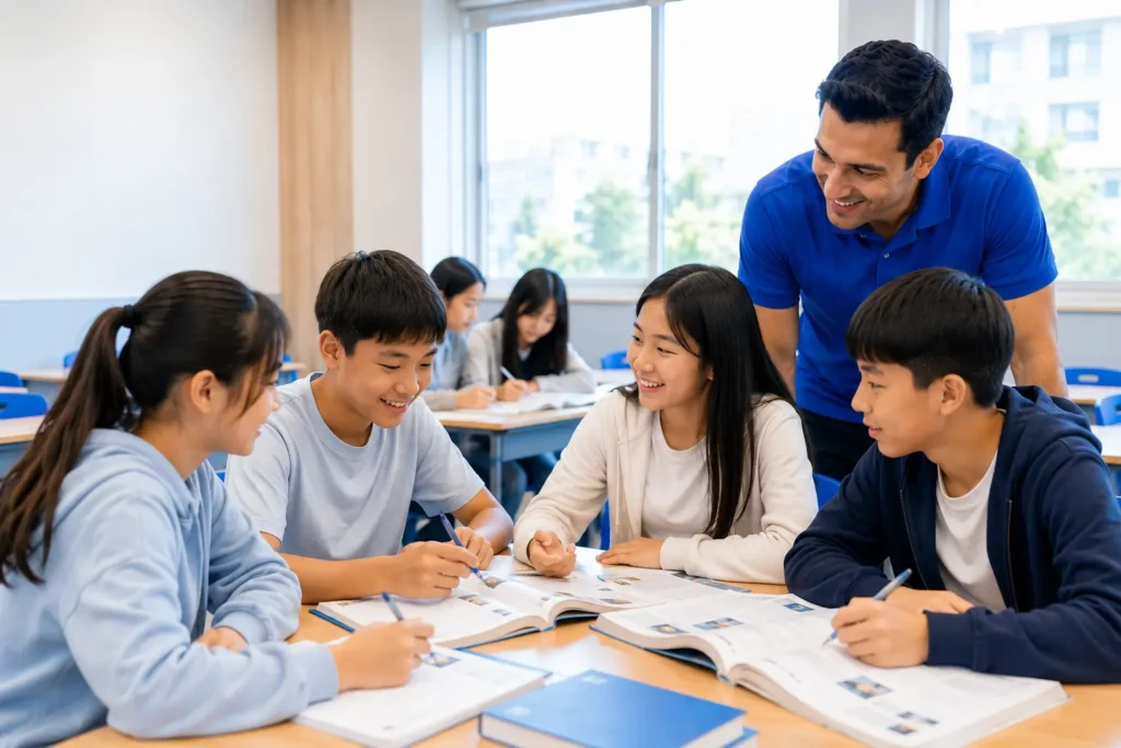 岑英美語 A2 Key for Schools 劍橋英語基礎進階課程，學生在課堂中使用英語討論與合作學習