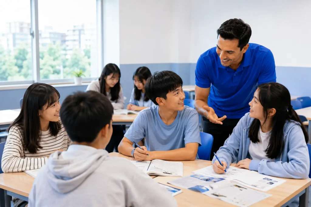 岑英美語 B1 Preliminary for Schools 劍橋英語進階課程，學生在課堂中使用英語討論與合作