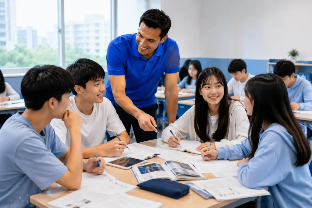 岑英美語 B2 First for Schools 劍橋英語高階課程，學生在課堂中使用英語進行討論與合作
