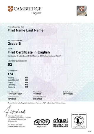 劍橋 B2 First for Schools 證書,Sample,由岑英美語學生獲得。