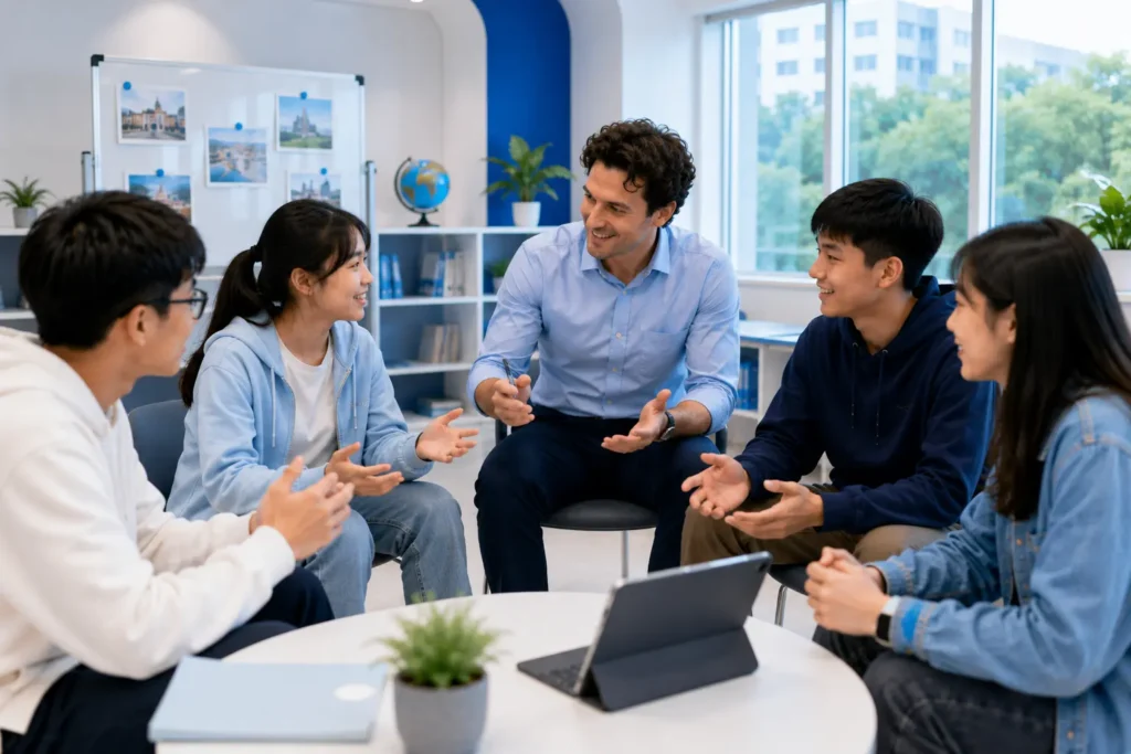 具 CELTA 與 DELTA 專業背景的英語教師帶領學生進行 communicative English 課堂互動