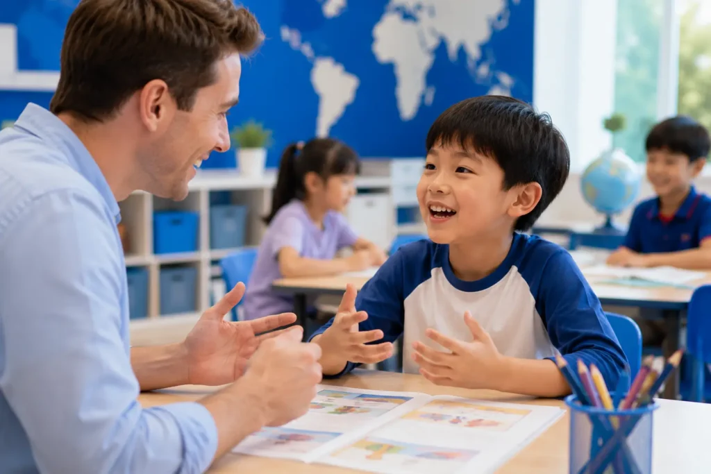 孩子在英文課堂中自信開口說英文
