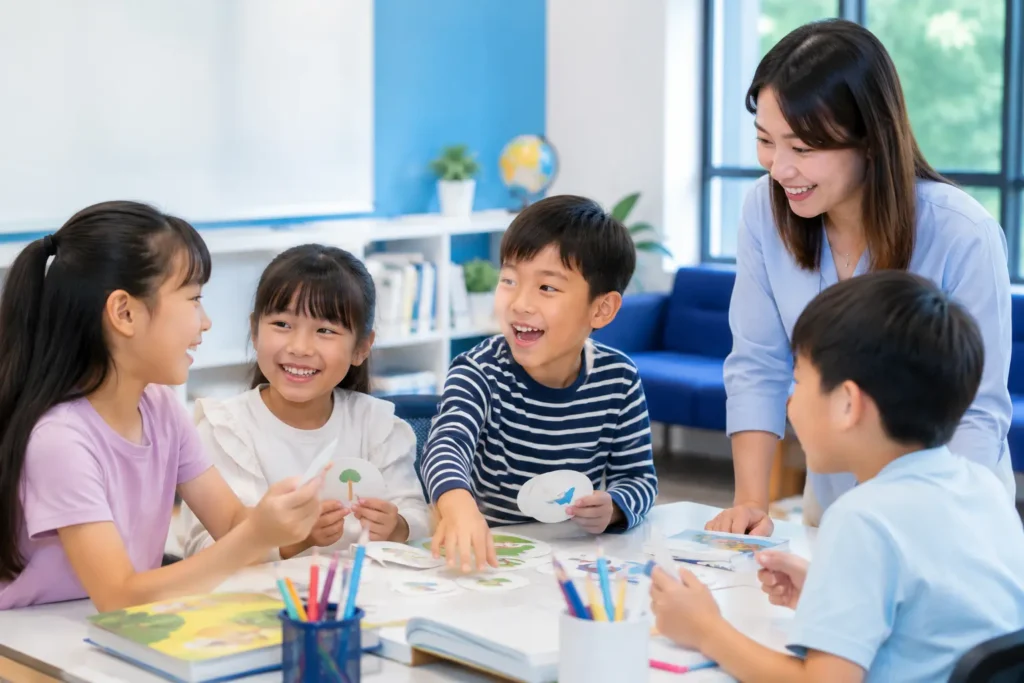 孩子透過互動活動使用英文