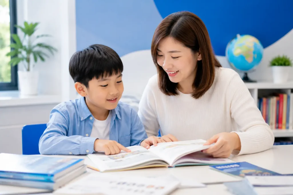 家長陪伴孩子挑選英文教材