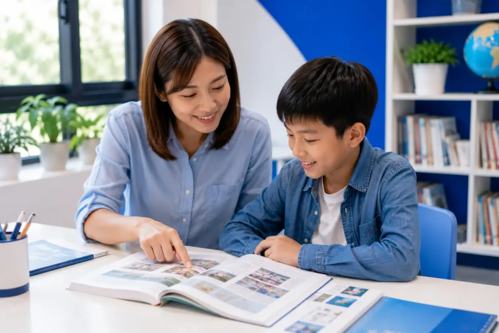 家長與孩子一起檢視學習成果