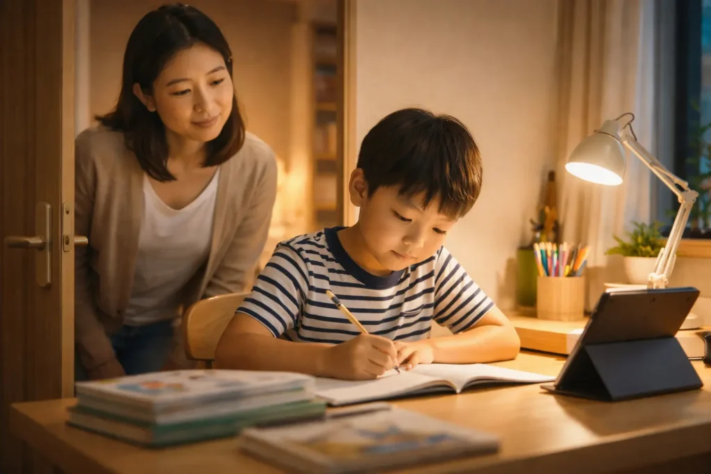 台灣家長在一旁觀察孩子安靜學習英文,思考適合孩子的學習節奏與時機