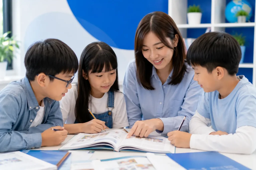 老師在小班課堂中指導不同學生