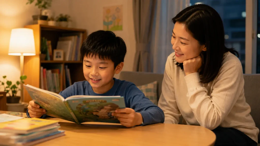 Child reading English confidently.